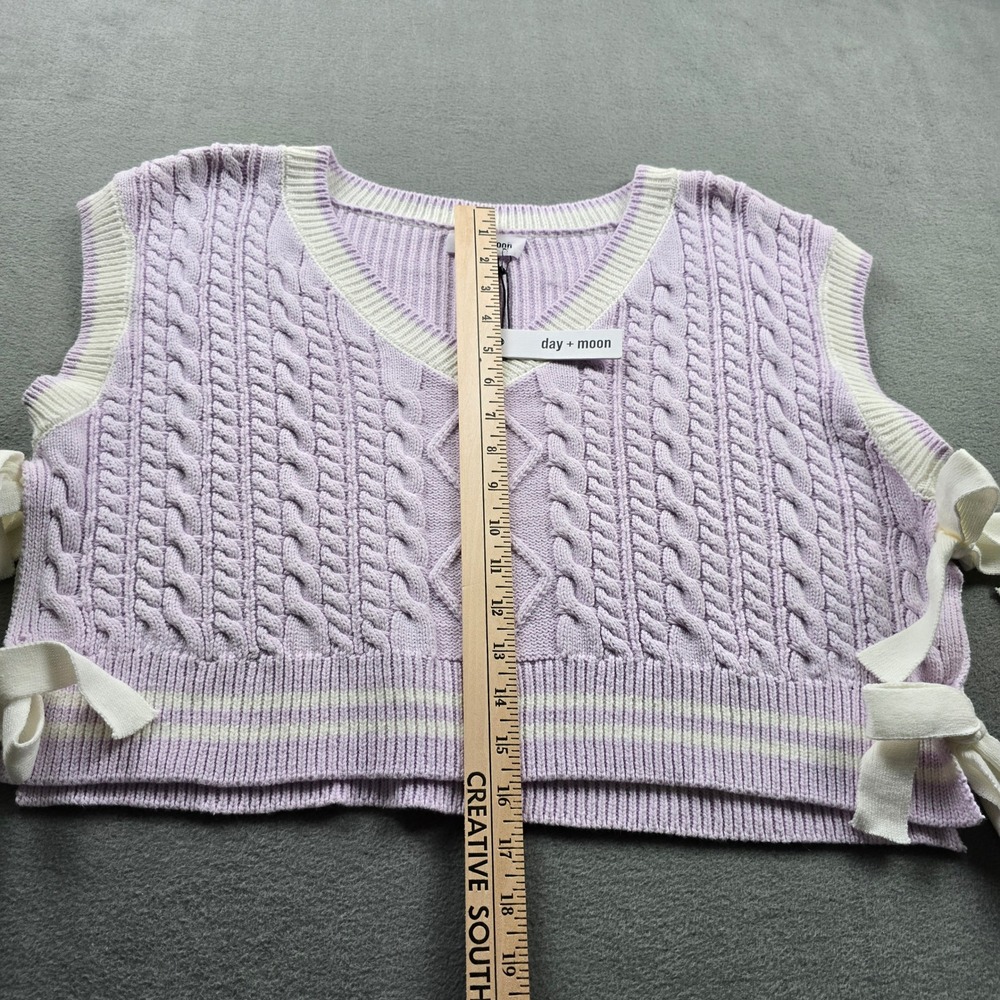 Day + Moon Lavender Cable Knit Sweater Vest Side Bow Ties V-Neck Large A2943 - Picture 2 of 8